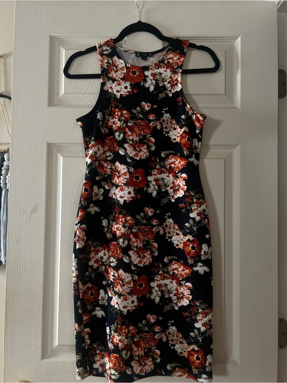 iris Black Floral Bodycon Dress with Red & White Blooms